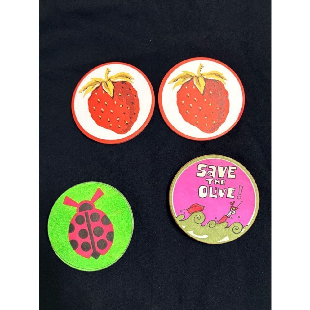 Vintage Coasters Lot Sopp’s Strawberry Ladybug Save the Olive Retro